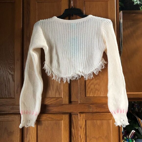 NWT Y2K School Girl Knit Embroidered Slogan Thrashed Crop Sweater - M - Picture 6 of 11